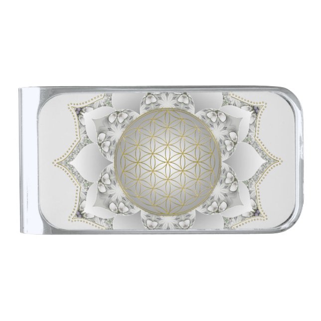 Flower Of Life - Blossoms Mandala 1 Silver Finish Money Clip (Front)