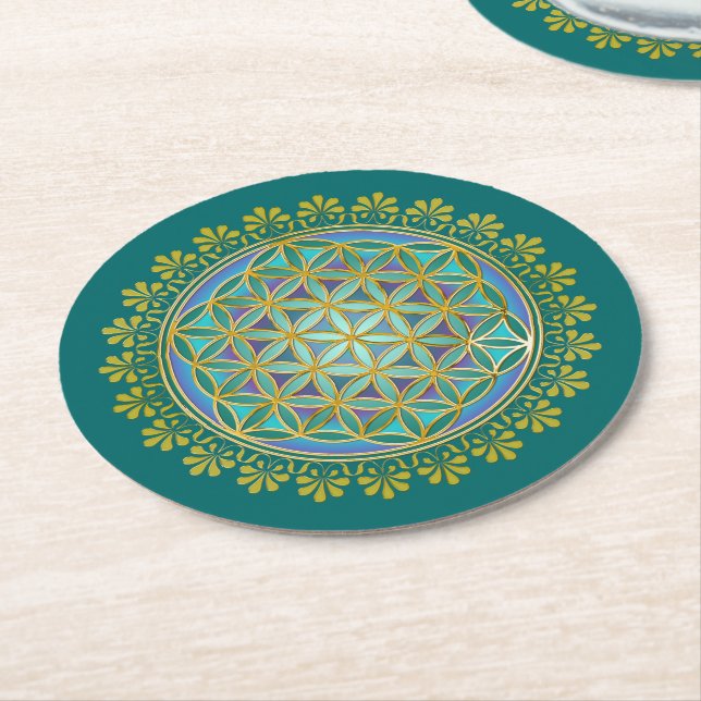 Flower Of Life / Blume des Lebens - Button V Round Paper Coaster (Angled)