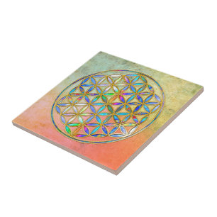 Flower of Life / Blume des Lebens - gold colorful Ceramic Tile