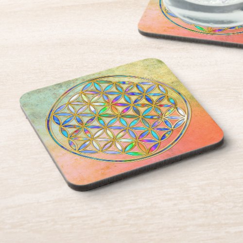 Flower of Life  Blume des Lebens _ gold colorful Drink Coaster