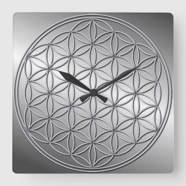 Flower of Life Blume des Lebens Metallic Silver Square Wall Clock (Front)