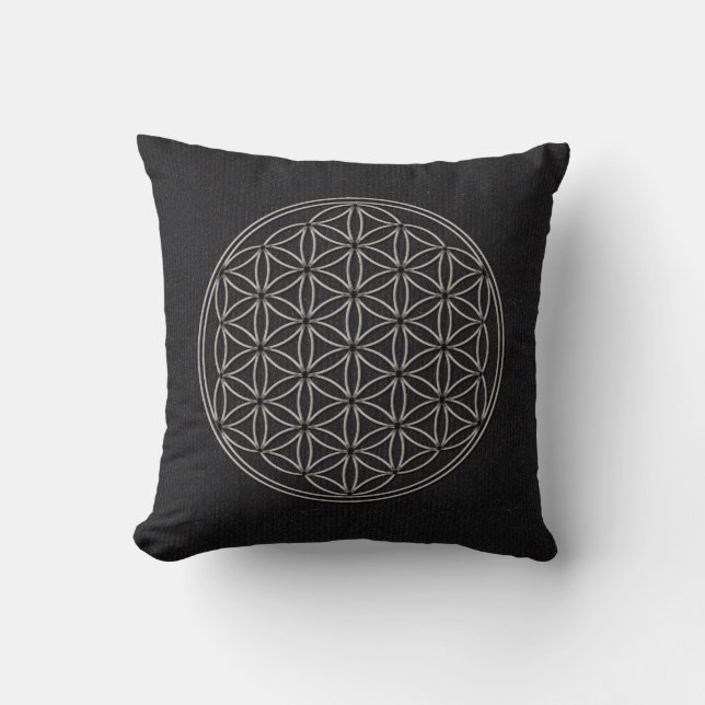 Flower of Life Blume des Lebens Silver Black Throw Pillow (Front)