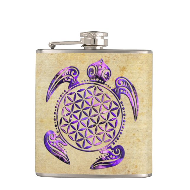 Flower of Life / Blume des Lebens - turtle purple Hip Flask (Front)