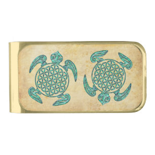 Flower of Life / Blume des Lebens turtle turquoise Gold Finish Money Clip
