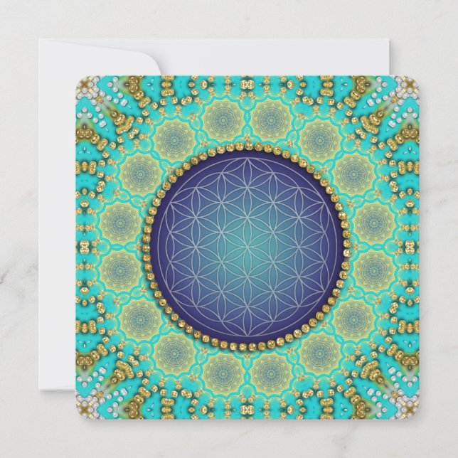 Flower of Life Bohemian Gold Blue & Green  Invitation (Front)