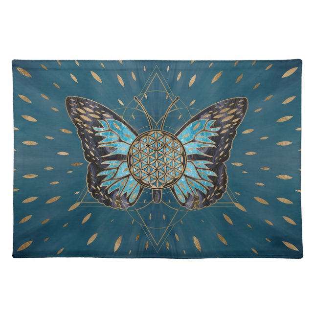 Flower of Life Butterfly - Blue Gemstone and gold Cloth Placemat (Front)