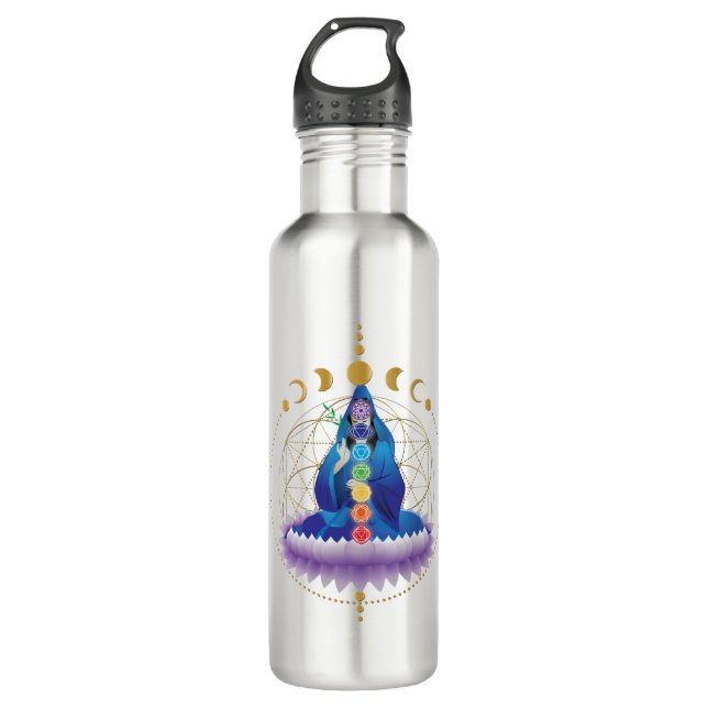 Flower of life, chakra, goddess v2 water bottle (Front)