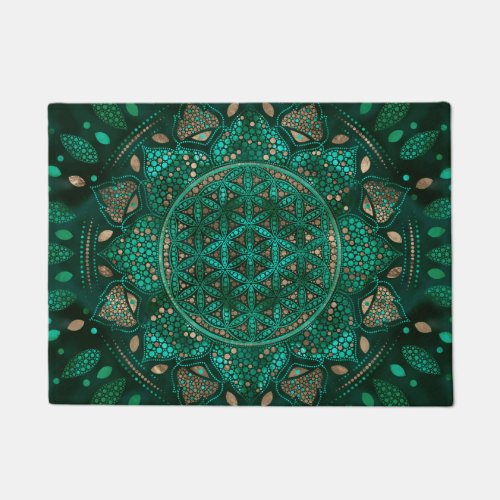 Flower of Life Dot Art malachite gold Doormat