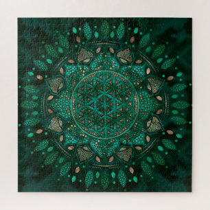 Flower of Life Dot Art malachite gold Jigsaw Puzzle