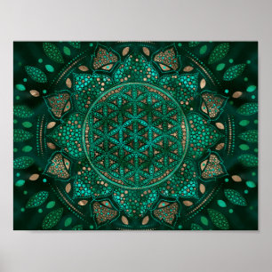 Flower of Life Dot Art malachite gold Poster