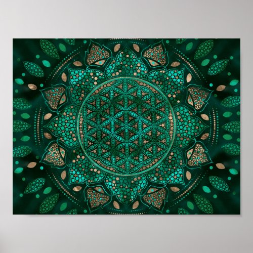 Flower of Life Dot Art malachite gold Poster