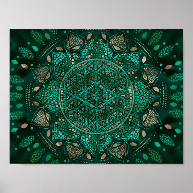 Flower of Life Dot Art malachite gold Poster (Front)