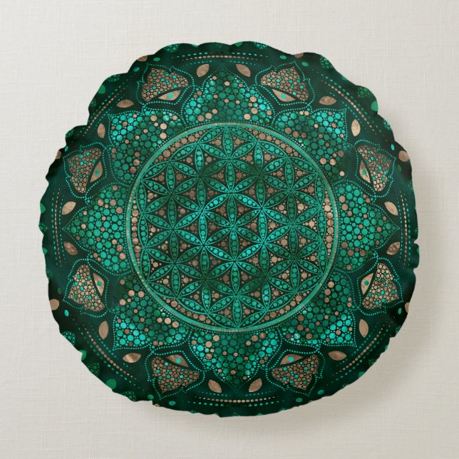 Flower of Life Dot Art malachite gold Round Pillow (Front)