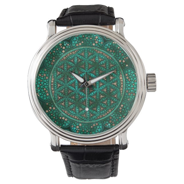 Flower of Life Dot Art malachite gold Watch (Front)