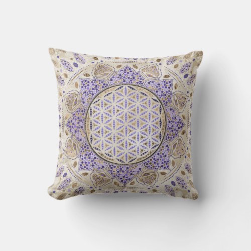 Flower of Life Dot Art Pastels purples and gold Throw Pillow