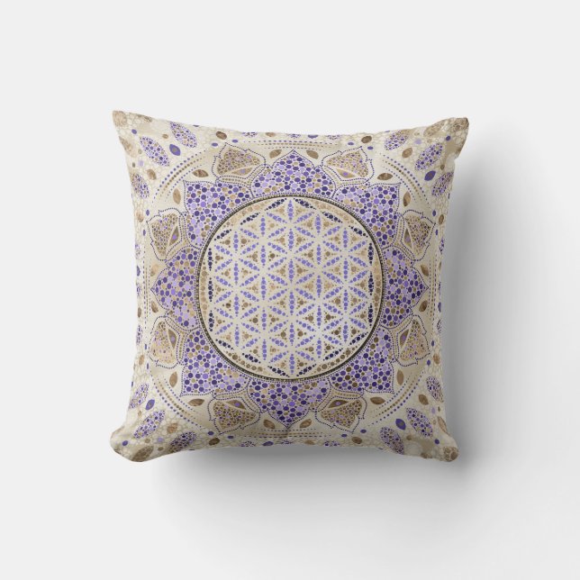 Flower of Life Dot Art Pastels, purples and gold Throw Pillow (Front)