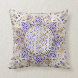 Flower of Life Dot Art Pastels, purples and gold Throw Pillow