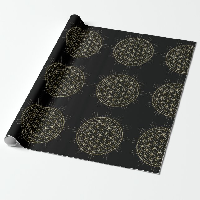 flower of life elegant black and gold occult witch wrapping paper (Unrolled)