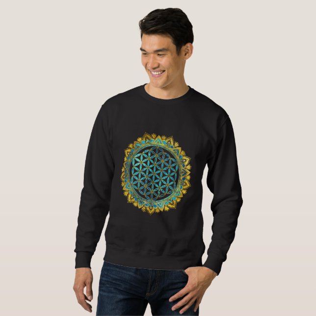 Flower of life gold an blue texture  glass sweatshirt (Front Full)