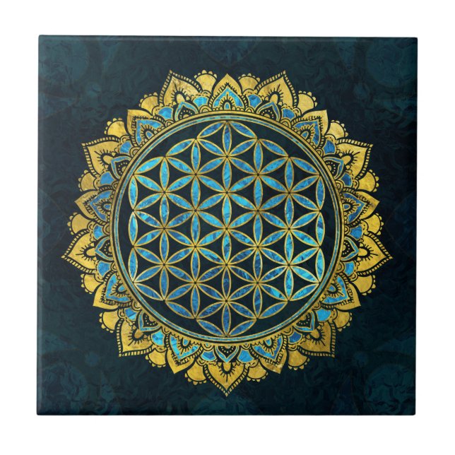 Flower of life gold an blue texture  glass tile (Front)