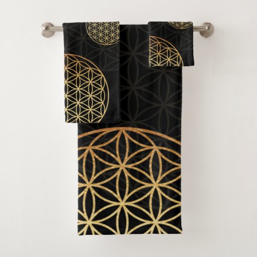 Flower of life gold  black bath towel set