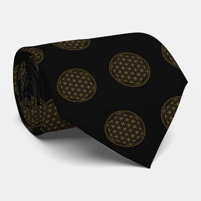Flower of Life Gold Black Neck Tie (Rolled)