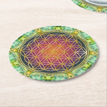 Flower Of Life - Gold - Fractal 2 Round Paper Coaster by SpiritEnergyToGo at Zazzle