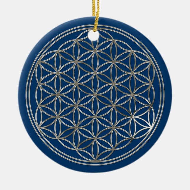 FLOWER OF LIFE - gold + silver / blue + red Ceramic Ornament (Front)