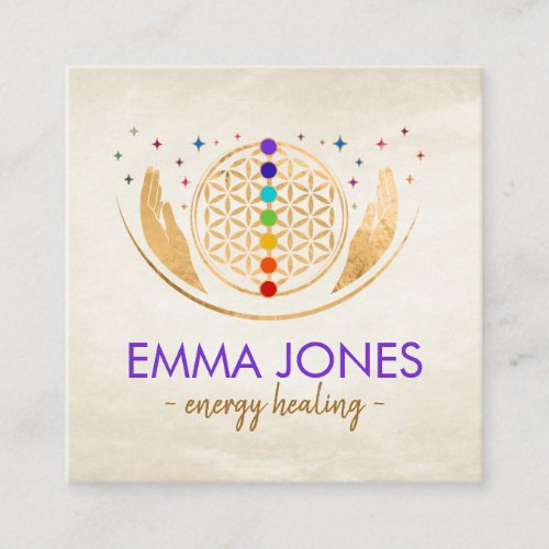 Flower of life healing hands chakras square business card