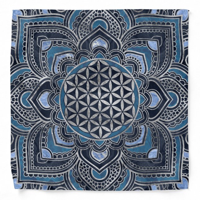 Flower of Life in Lotus - Blue Crystal and Silver Bandana (Front)