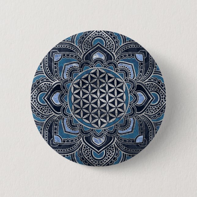Flower of Life in Lotus - Blue Crystal and Silver Button (Front)