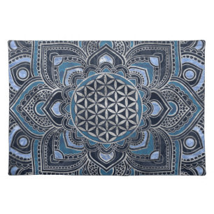 Flower of Life in Lotus - Blue Crystal and Silver Cloth Placemat
