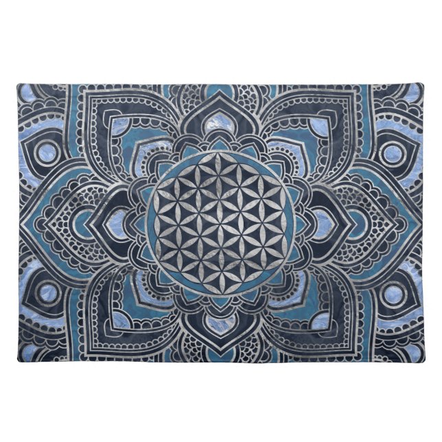 Flower of Life in Lotus - Blue Crystal and Silver Cloth Placemat (Front)