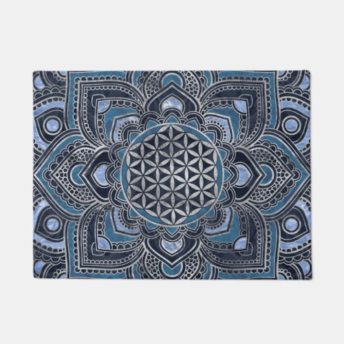 Flower of Life in Lotus _ Blue Crystal and Silver Doormat