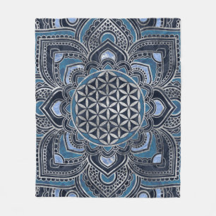 Flower of Life in Lotus - Blue Crystal and Silver Fleece Blanket