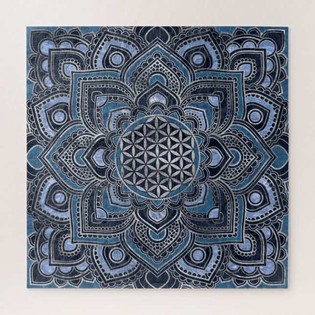 Flower of Life in Lotus - Blue Crystal and Silver Jigsaw Puzzle (Vertical)