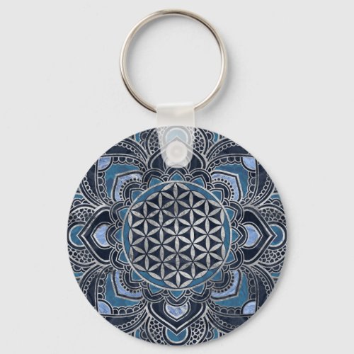 Flower of Life in Lotus _ Blue Crystal and Silver Keychain