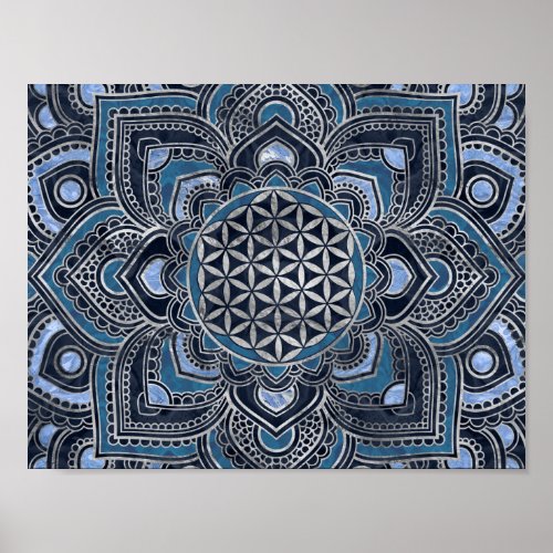 Flower of Life in Lotus _ Blue Crystal and Silver Poster