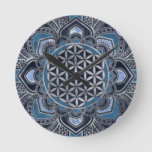 Flower of Life in Lotus - Blue Crystal and Silver Round Clock