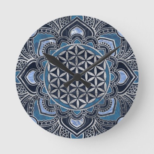 Flower of Life in Lotus _ Blue Crystal and Silver Round Clock
