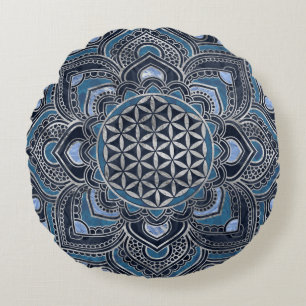 Flower of Life in Lotus - Blue Crystal and Silver Round Pillow