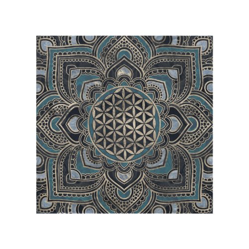 Flower of Life in Lotus _ Blue Crystal and Silver Wood Wall Art