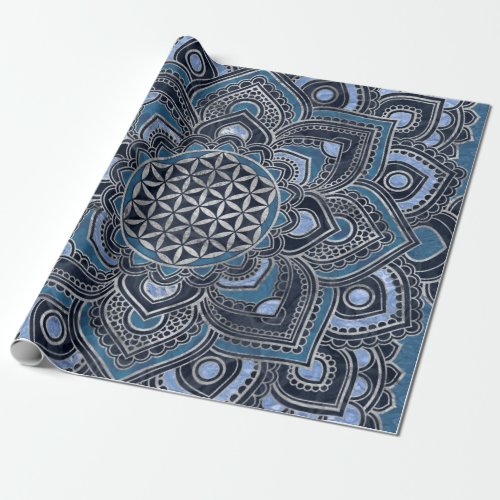 Flower of Life in Lotus _ Blue Crystal and Silver Wrapping Paper