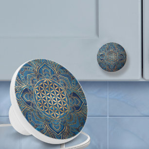 Flower of Life in Lotus - Blue Marble and Gold Ceramic Knob