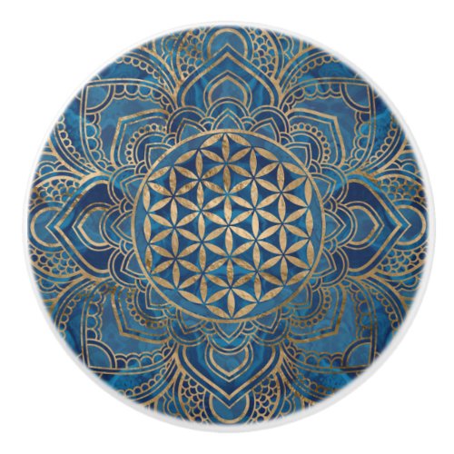 Flower of Life in Lotus _ Blue Marble and Gold Ceramic Knob