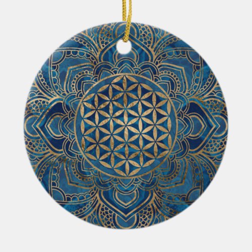 Flower of Life in Lotus _ Blue Marble and Gold Ceramic Ornament
