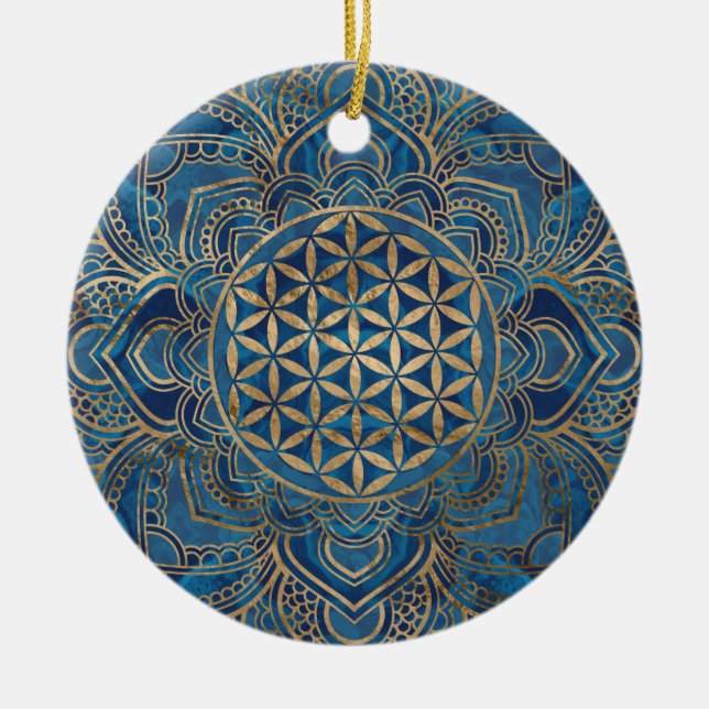 Flower of Life in Lotus - Blue Marble and Gold Ceramic Ornament (Front)