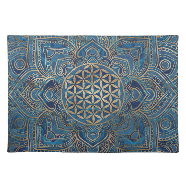 Flower of Life in Lotus - Blue Marble and Gold Cloth Placemat (Front)
