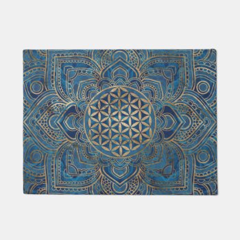 Flower Of Life In Lotus - Blue Marble And Gold Doormat by LoveMalinois at Zazzle