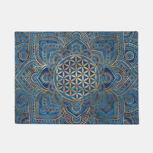 Flower of Life in Lotus _ Blue Marble and Gold Doormat